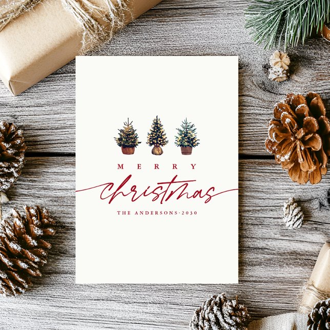 Simple Merry Christmas Watercolor Tree Script  Holiday Card (Creator Uploaded)