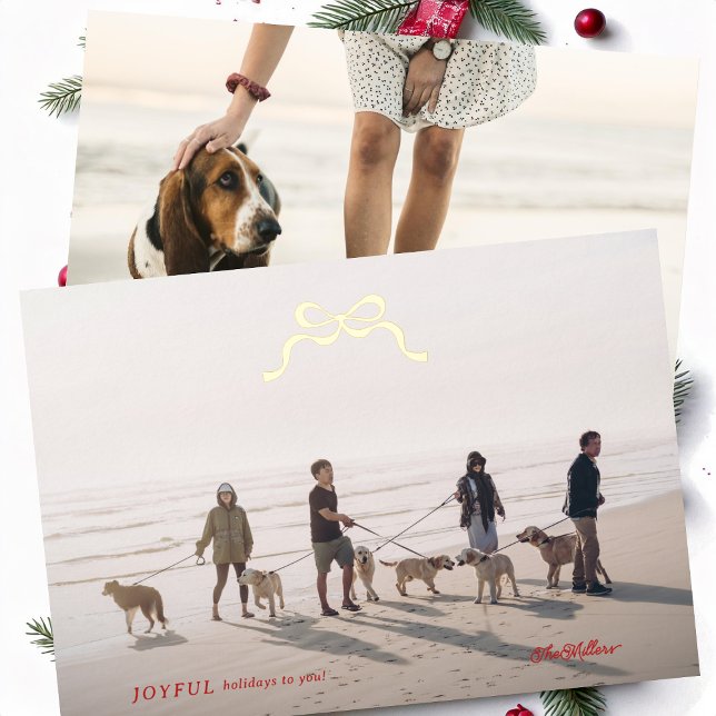 simple merry minimalist photo gold christmas bow  foil holiday card (Creator Uploaded)
