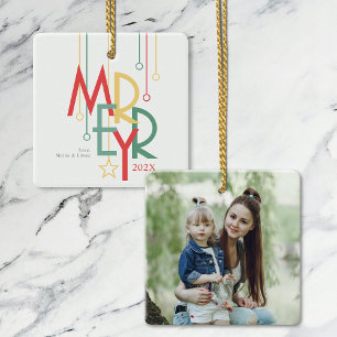 Simple Merry Photo Red Yellow Ceramic Ornament