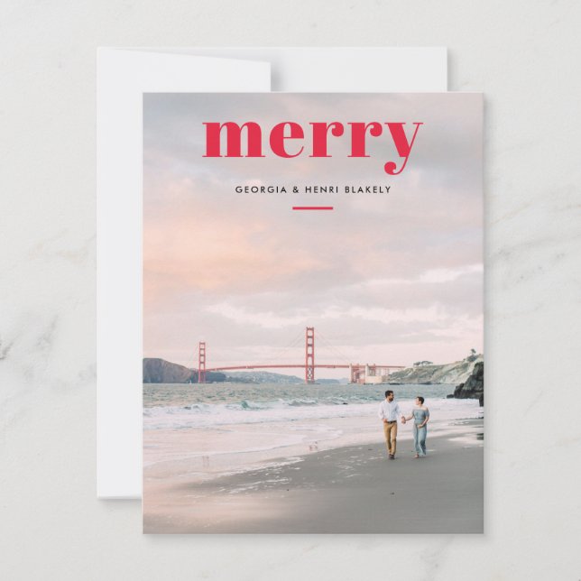 Simple Merry Red Overlay One Photo Christmas Holiday Card (Front)