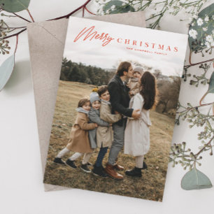 Simple Merry Script 3 Photo Christmas Holiday Card