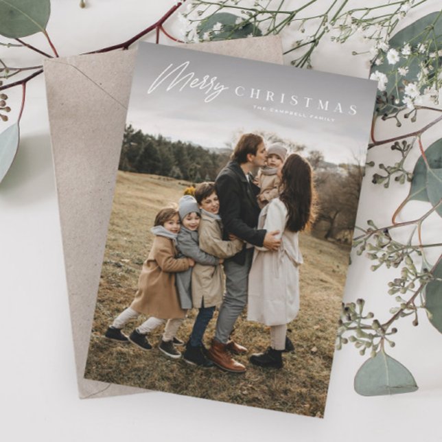 Simple Merry Script 3 Photo Christmas Holiday Card (Simple script merry christmas photo holiday cards.)
