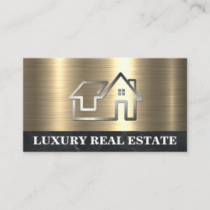 Simple Metal Home Logo   Gold Marble Business Card