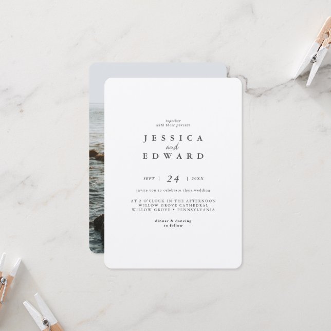 Simple Metalic Silver and Black Photo Wedding Invitation (Front/Back In Situ)