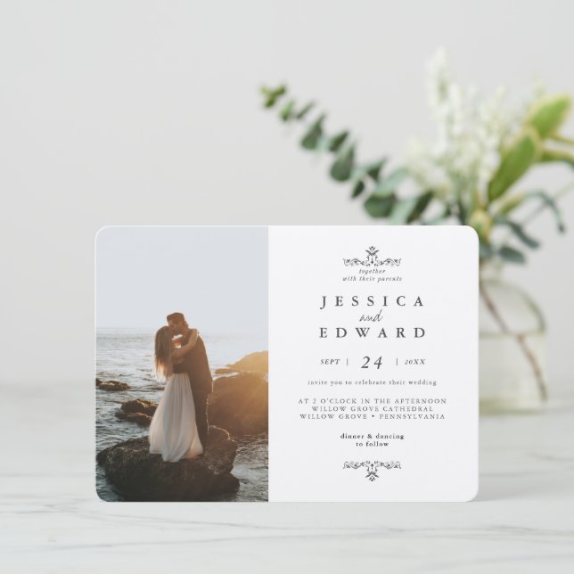 Simple Metalic Silver and Black Photo Wedding Invitation (Standing Front)