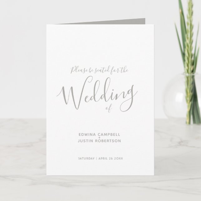 Simple mid grey script lettering wedding programs programme (Front)
