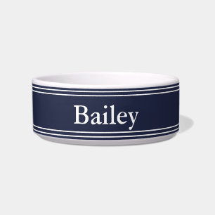 Simple Midnight Blue and White with Name Pet Bowl