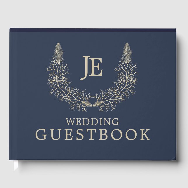 Simple Midnight Blue gold ornaments Wedding Guest Book (Front)
