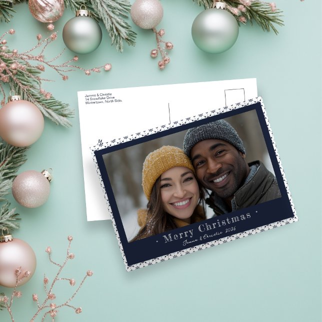 Simple Midnight Blue Snowflake Christmas Photo  Holiday Postcard (Simple Midnight Blue and White Christmas Photo Holiday Post Card)