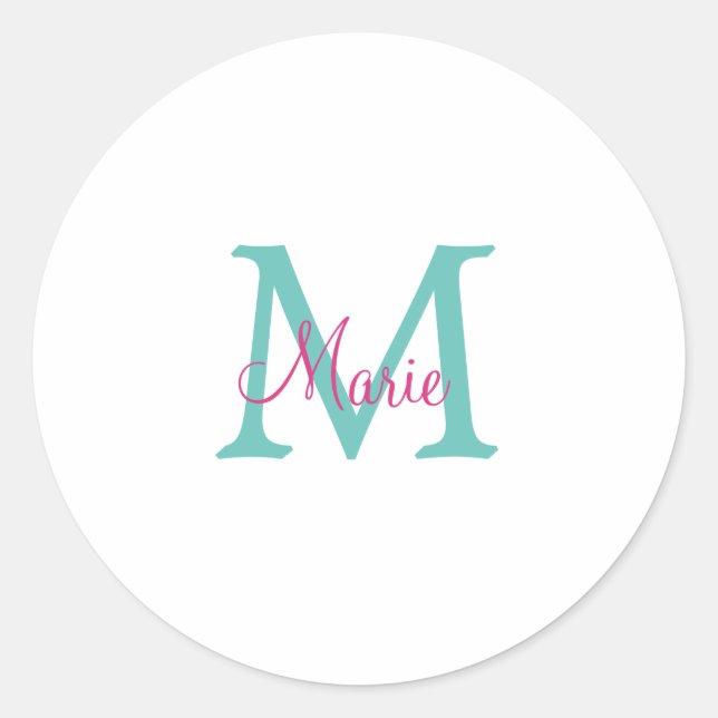 simple minimal add name monogram green pink blue t classic round sticker (Front)