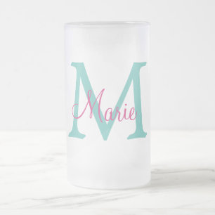 simple minimal add name monogram green pink blue t frosted glass beer mug