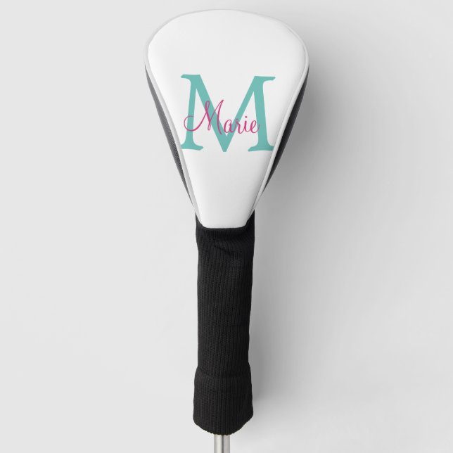simple minimal add name monogram green pink blue t golf head cover (Front)