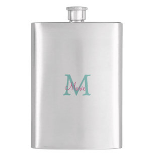 simple minimal add name monogram green pink blue t hip flask