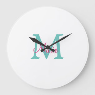 simple minimal add name monogram green pink blue t large clock
