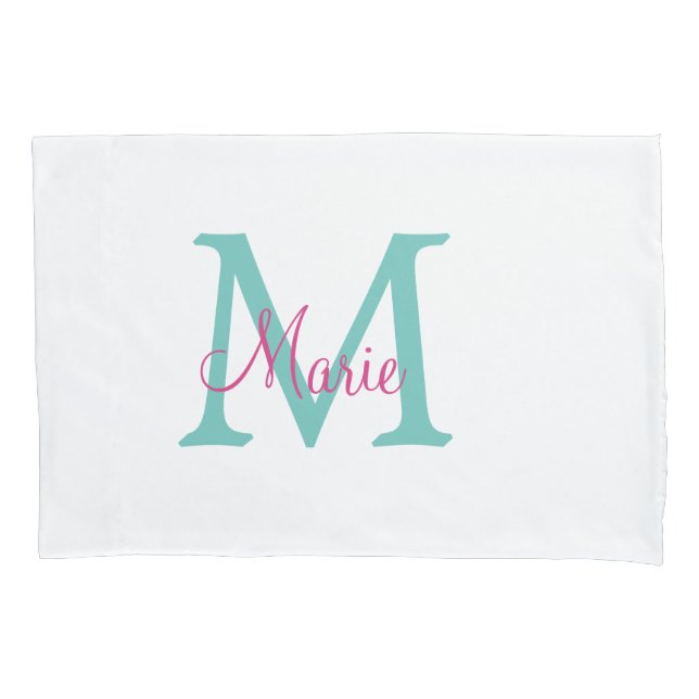 simple minimal add name monogram green pink blue t pillowcase (Front)