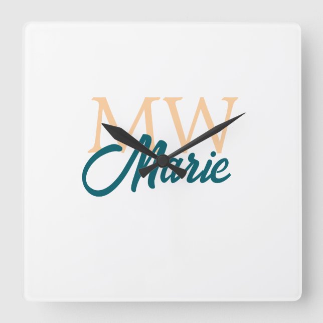 simple minimal add name monogram orange blue bold square wall clock (Front)