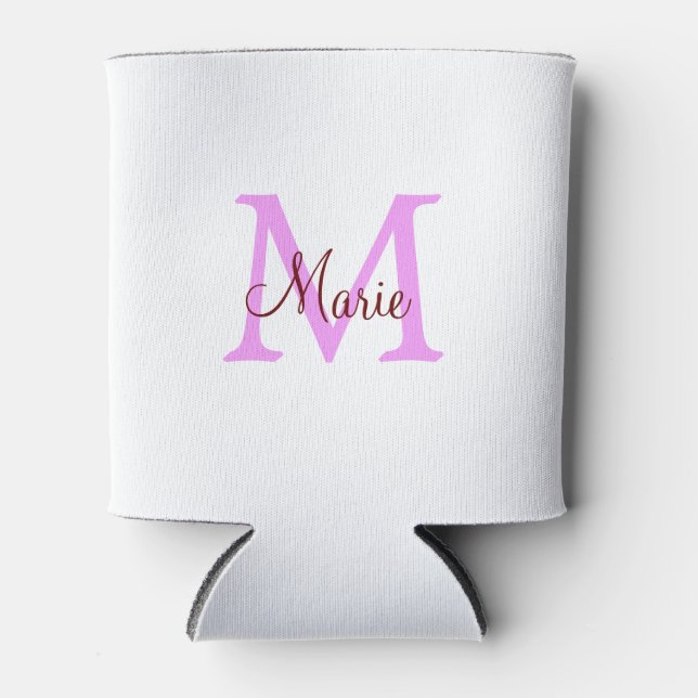 simple minimal add name monogram pink red  can cooler (Front)