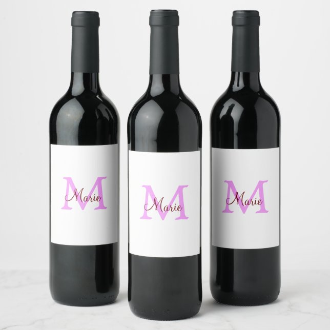 simple minimal add name monogram pink red  wine label (Bottles)
