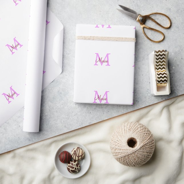 simple minimal add name monogram pink red  wrapping paper (Crafts)