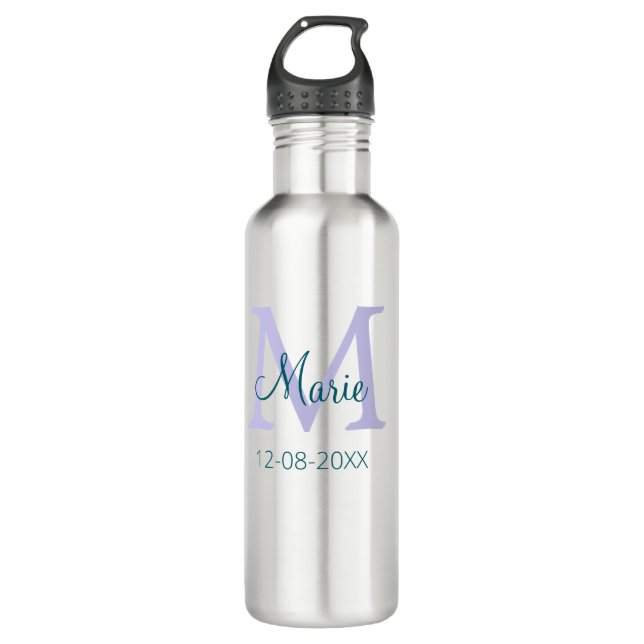 simple minimal add name monogram purple green date 710 ml water bottle (Front)