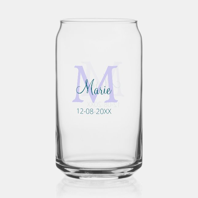 simple minimal add name monogram purple green date can glass (Front)