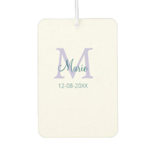 simple minimal add name monogram purple green date car air freshener