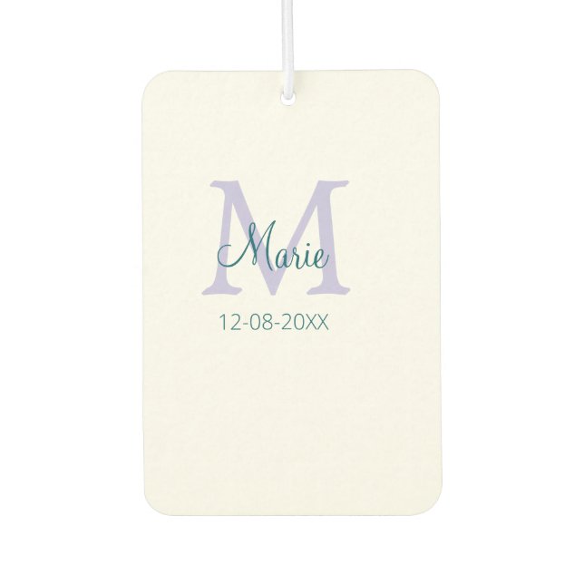 simple minimal add name monogram purple green date car air freshener (Front)