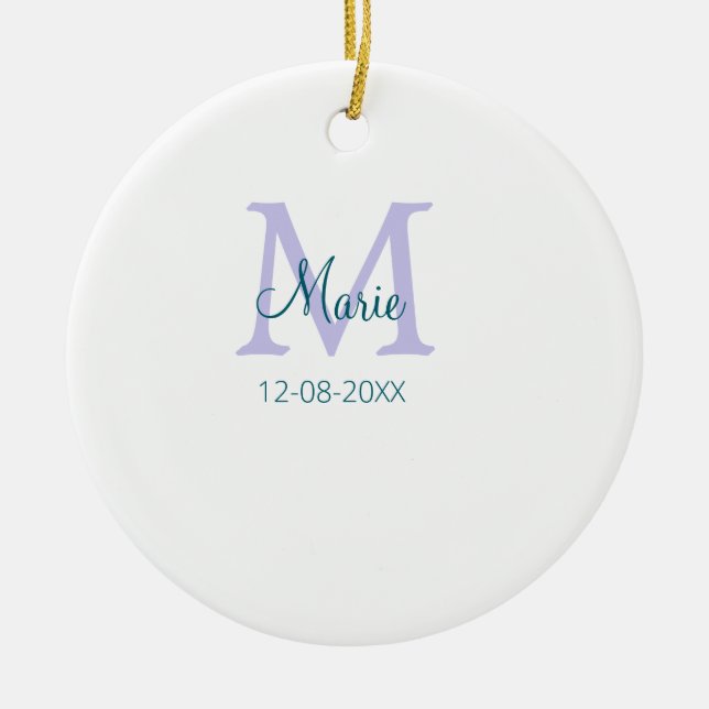 simple minimal add name monogram purple green date ceramic tree decoration (Front)