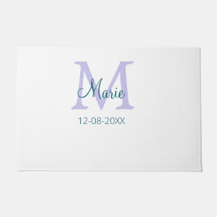 simple minimal add name monogram purple green date doormat