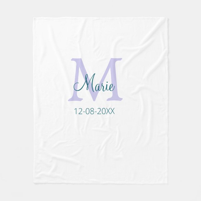 simple minimal add name monogram purple green date fleece blanket (Front)