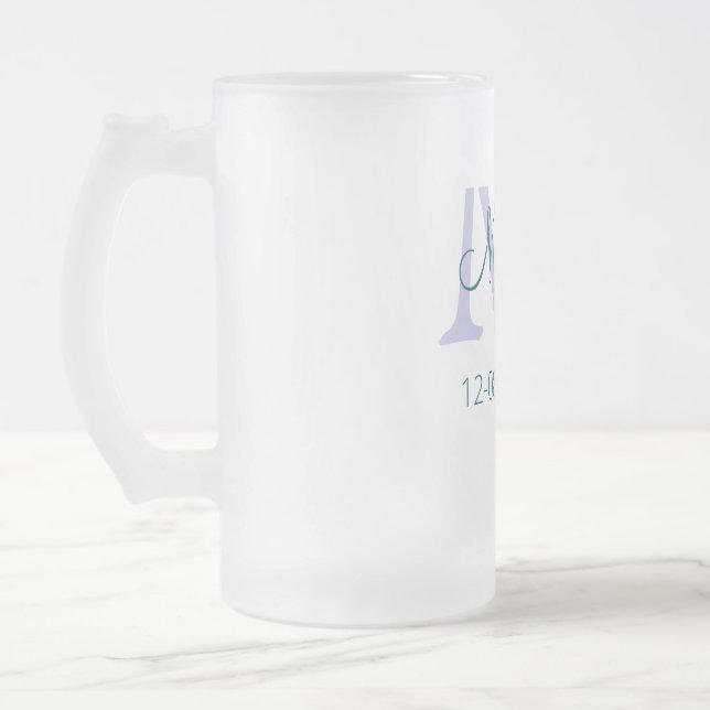 simple minimal add name monogram purple green date frosted glass beer mug (Left)