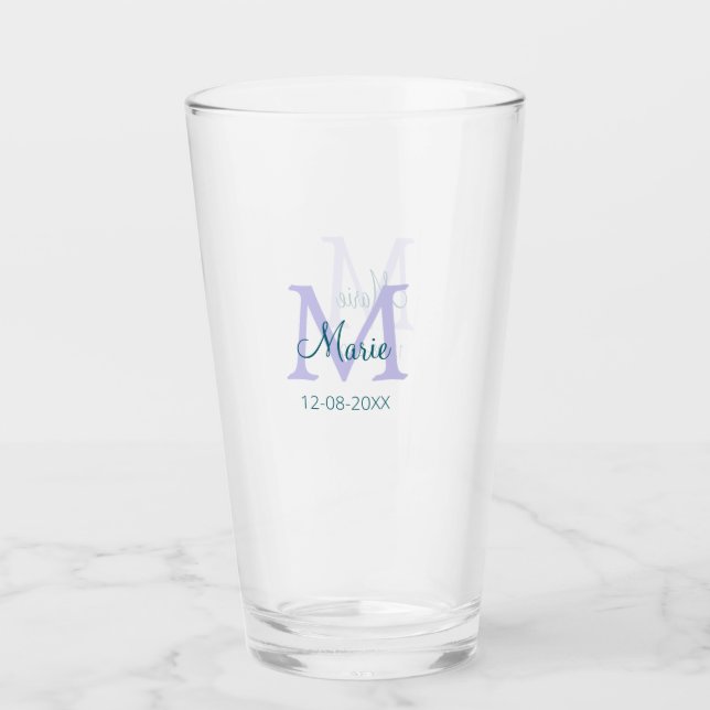 simple minimal add name monogram purple green date glass (Front)