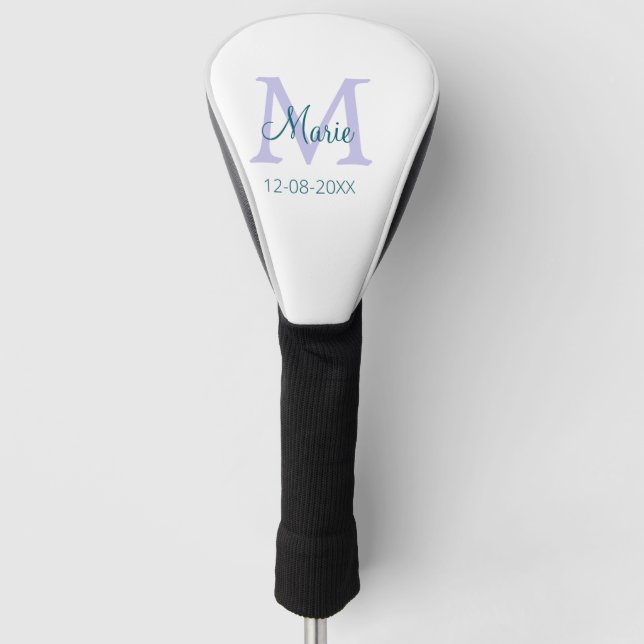 simple minimal add name monogram purple green date golf head cover (Front)
