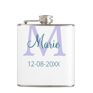 simple minimal add name monogram purple green date hip flask