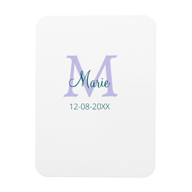 simple minimal add name monogram purple green date magnet (Vertical)