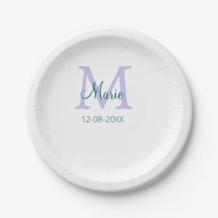 simple minimal add name monogram purple green date paper plate