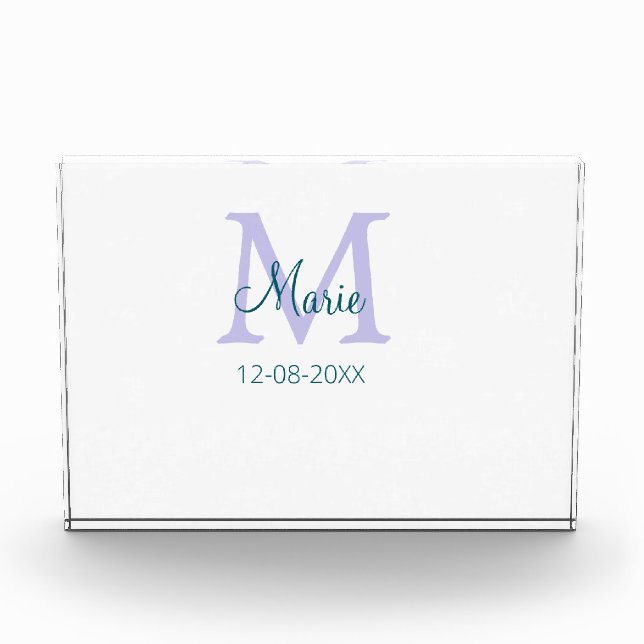 simple minimal add name monogram purple green date photo block (Front)