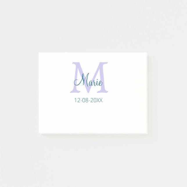 simple minimal add name monogram purple green date post-it notes (Front)