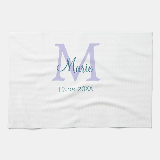 simple minimal add name monogram purple green date tea towel (Horizontal)