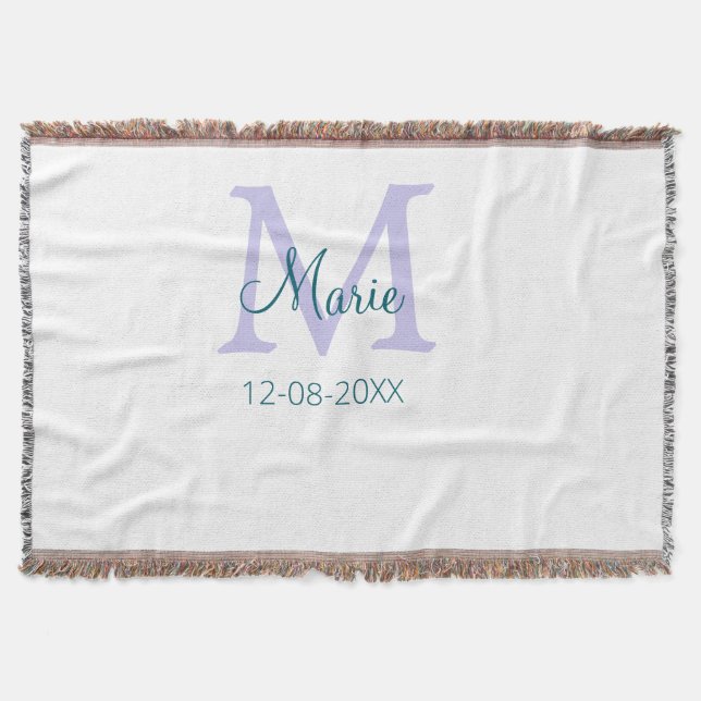 simple minimal add name monogram purple green date throw blanket (Front)