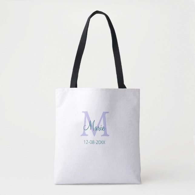 simple minimal add name monogram purple green date tote bag (Front)