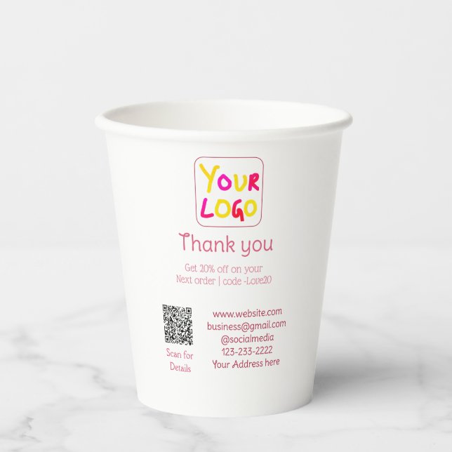 simple minimal add your logo/design here text Q R Paper Cups (Front)