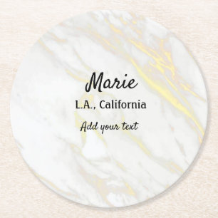 simple minimal add your name city text marble st round paper coaster