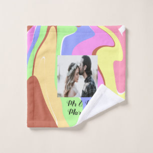 simple minimal add your name photo pink blue green bath towel set
