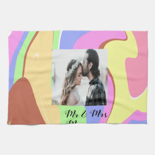 simple minimal add your name photo pink blue green tea towel