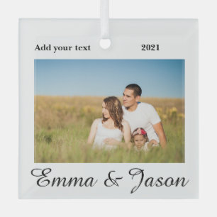 simple minimal add your name photo year watercolor glass tree decoration