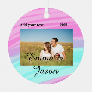 simple minimal add your name photo year watercolor metal tree decoration