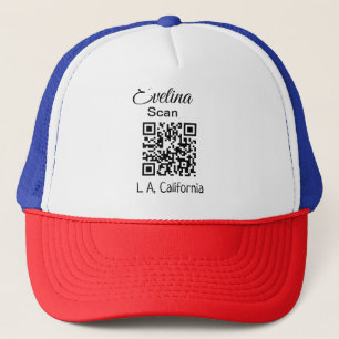 Simple minimal add your name place city q r code t trucker hat