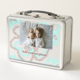 simple minimal ADD YOUR PHOTO TEXT blue glitter Th Metal Lunch Box