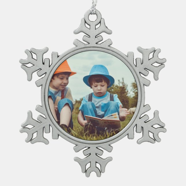 simple minimal ADD YOUR PHOTO TEXT CHRISTMAS Ceram Snowflake Pewter Christmas Ornament (Front)